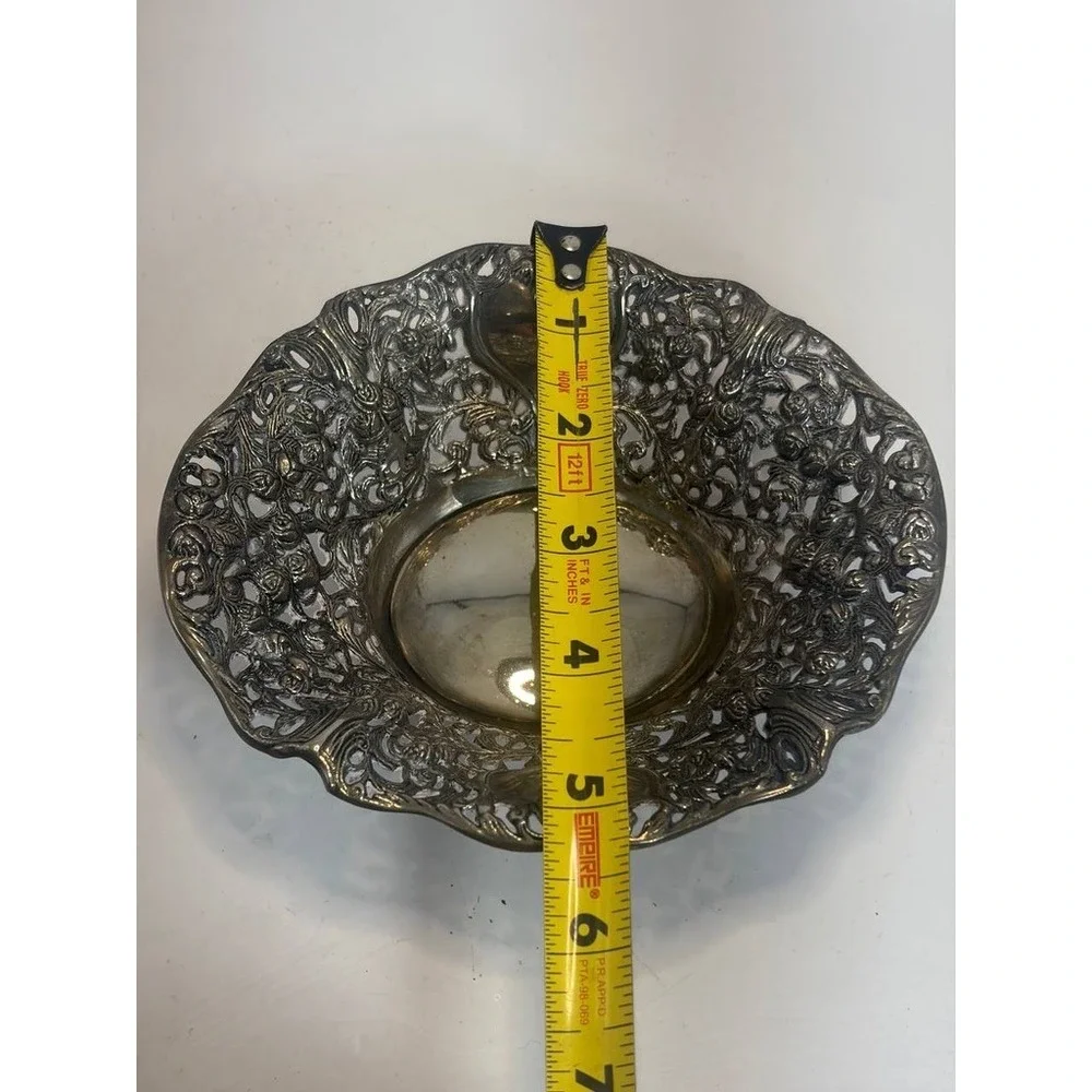 Vintage Silver Tone‎ Repousse Floral Reticulated Decorative Bowl Candy Dish 6